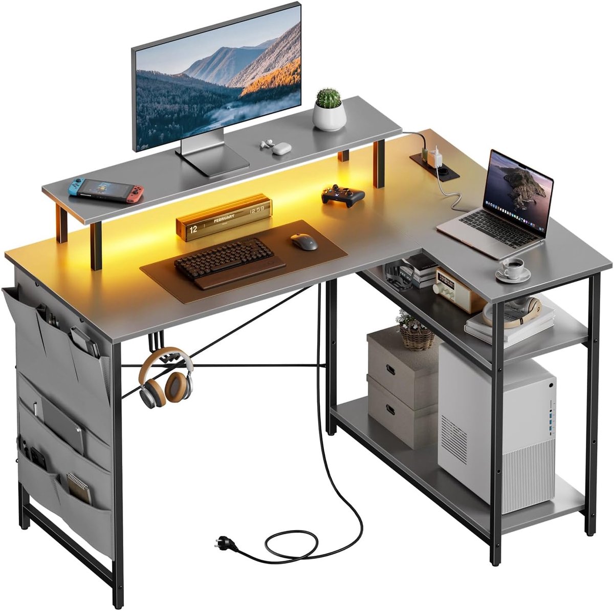 L-vormig Bureau met LED en Stopcontacten, 110 x 80 cm, Grijs | 2 Stopcontacten en 2 USB-poorten, Monitorstandaard, Opbergplanken, Opbergtas voor Kantoor, Woonkamer, Thuiskantoor