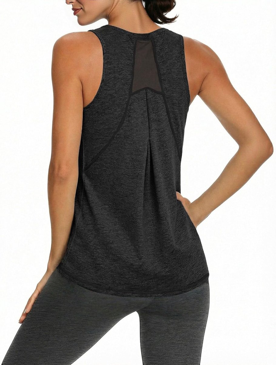Tanktop voor dames, sportkleding, fitnessstudio, mouwloos, T-shirt, tule inzetstukken op de rug, ronde hals, shirt voor fitness, yoga, hardlopen, dansen
