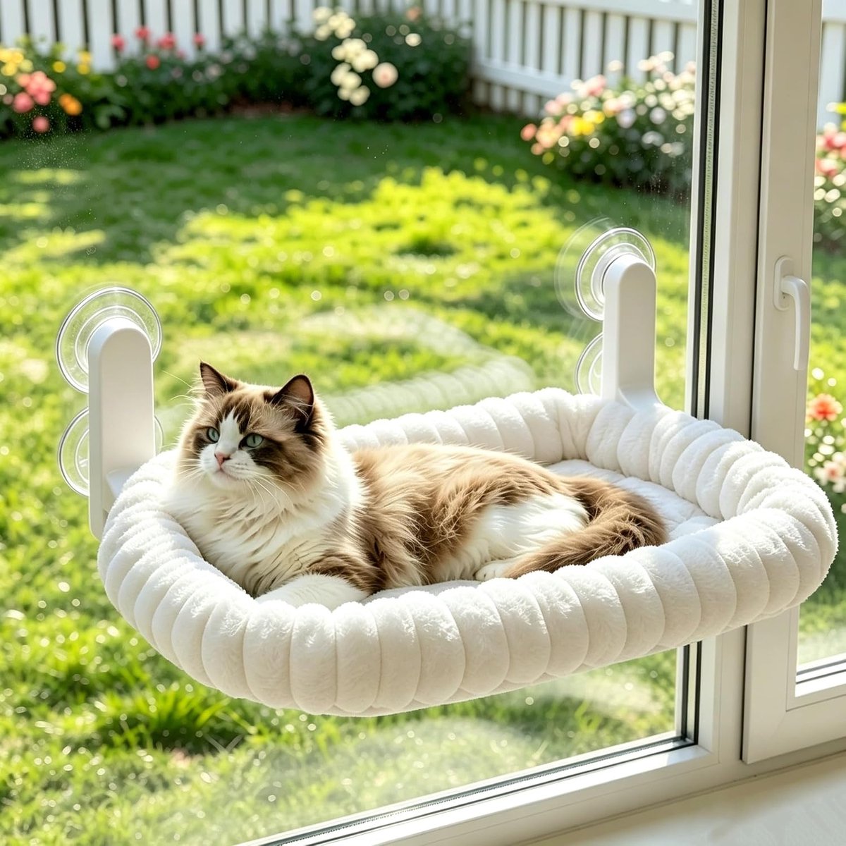 opvouwbaar, met 4 zuignappen, zachte knuffelligstoel en ademende netzijde, extra groot 55 x 40 cm, robuust stalen frame, veilige zuignapbevestiging voor katten tot 20 kg (wit)