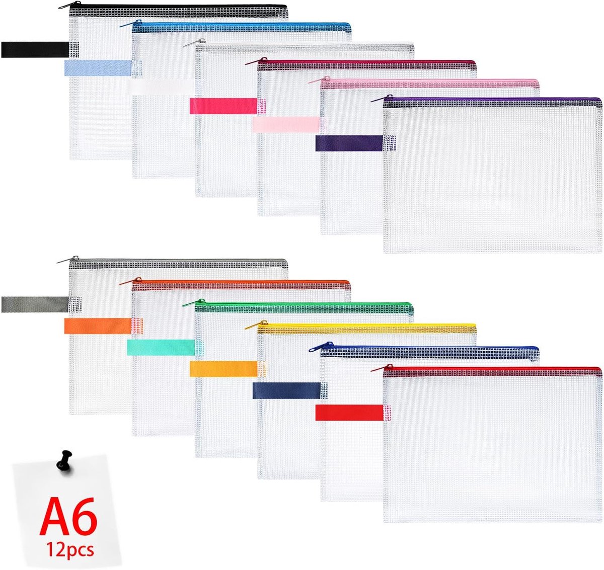 Documententas A6, 12 stuks waterdichte zakken met ritssluiting, mesh plastic dossiertas met ritssluiting, documentenmap voor school, thuiskantoor, reizen, cosmetica, 3 kleuren