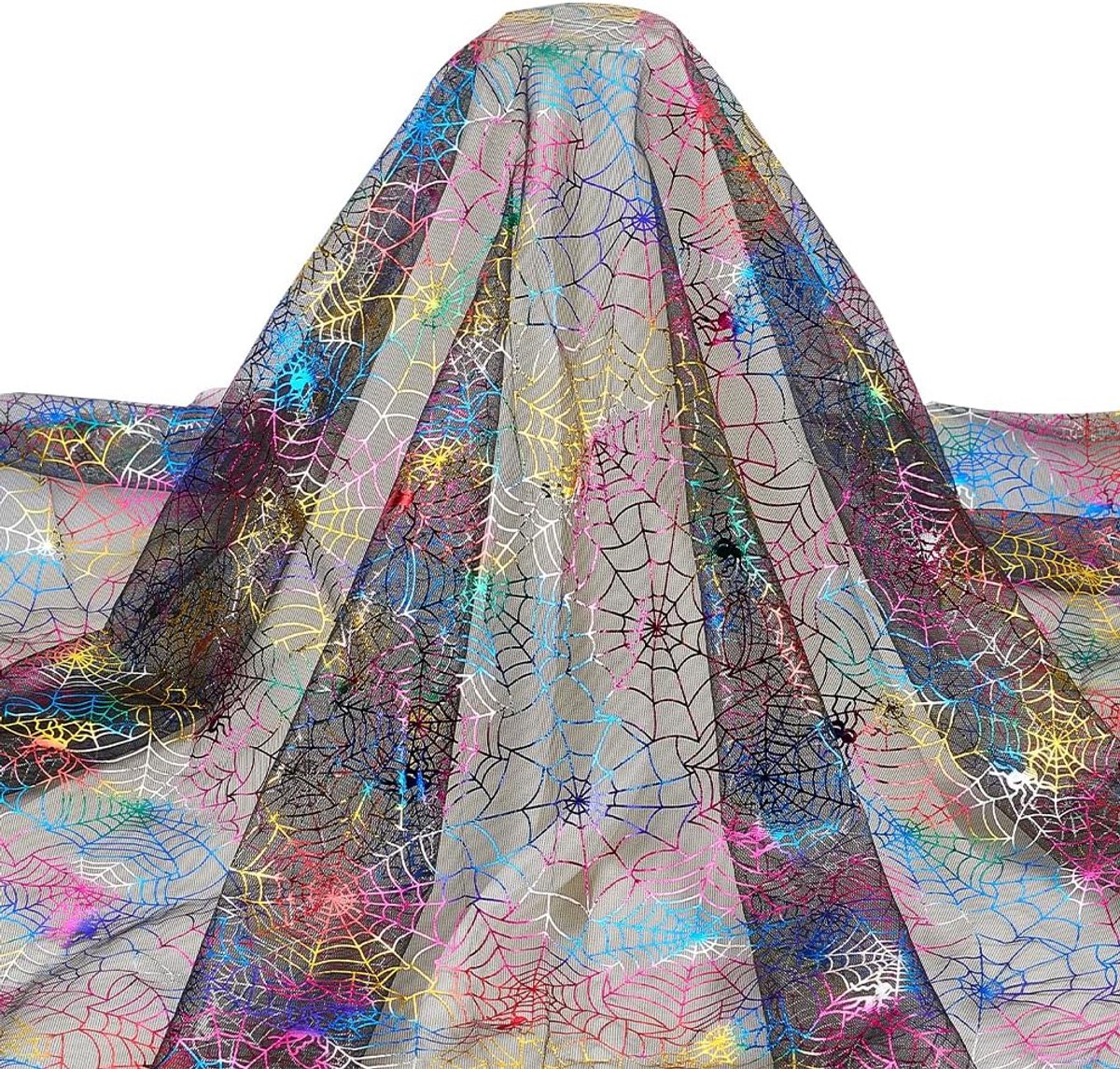 2Yards/1.8M Halloween Spinnenweb Stof 1,68m Breed Glitter Kleurrijke Spinnenwebben Zwart Tule Stof Halloween Thema Enge Spin Bekleding Stof voor Home DIY Craft Patchwork Projecten