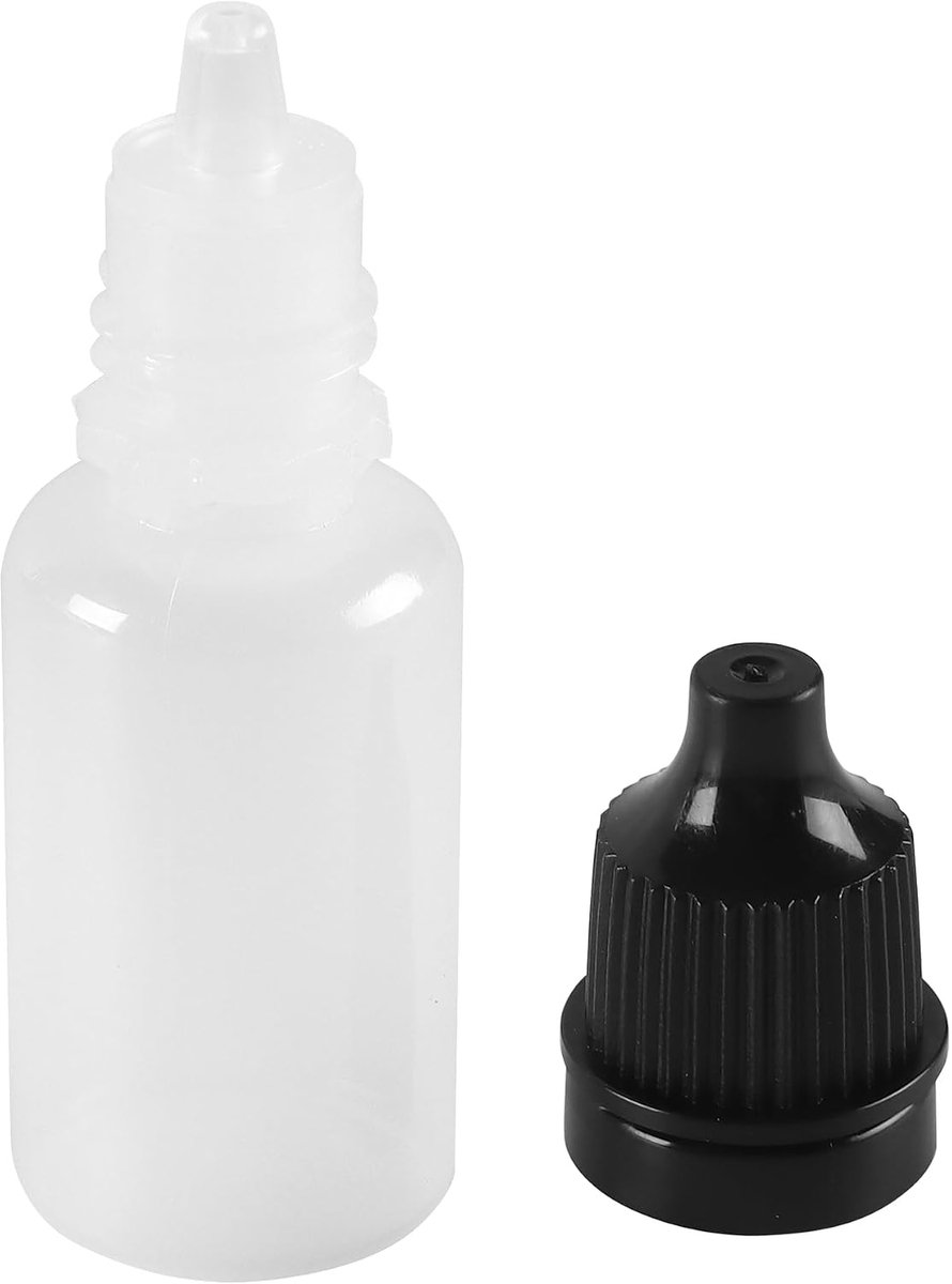 250 stuks druppelflesjes van kunststof, 10 ml, leeg met zwart schroefdeksel, binnenstop en 15 trechters, knijpfles voor oogdruppels en etherische oliën