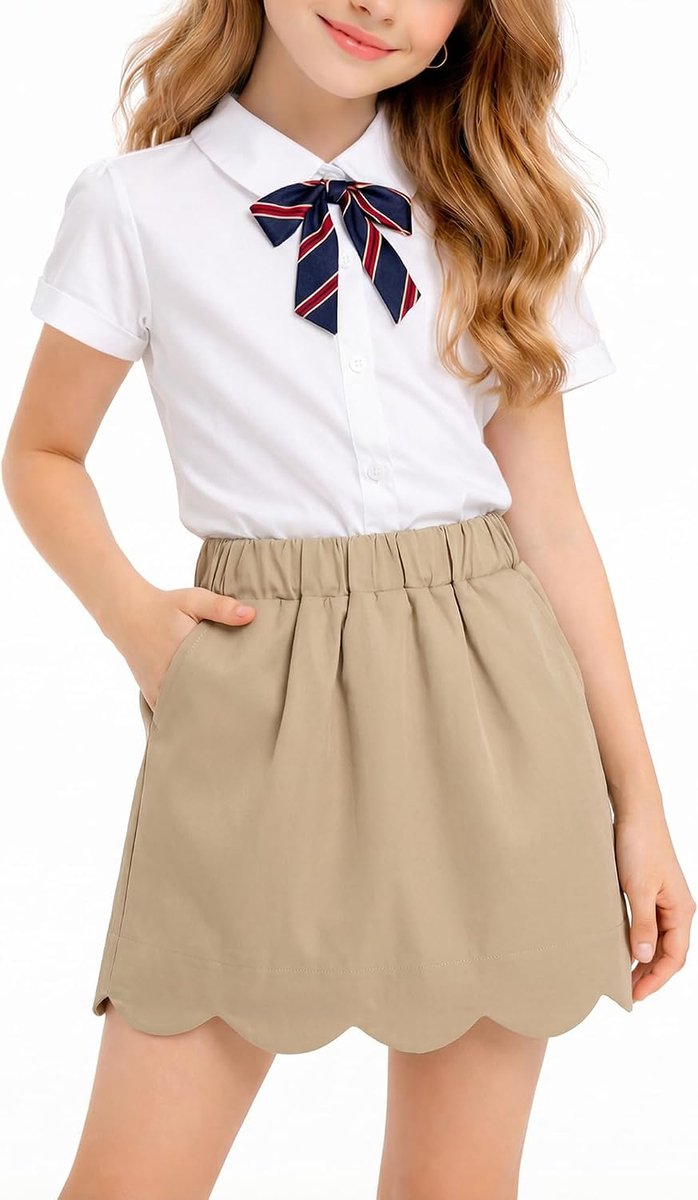 Schooluniform-short met schelpkant en zakken, geïntegreerde shorts, elastische tailleband, schattige korte zomerrok