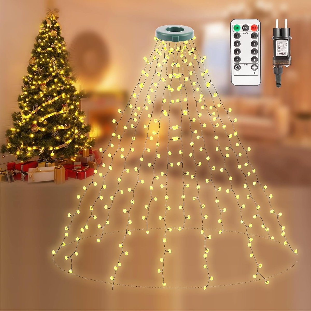 2m*12 Kerstboomverlichting met Ring, Christmas Lights Lichtsnoer Kerstboom 240 led-overgooien, lichtketting, kerstboom voor 1.5-2.5m dennenboom, warmwit