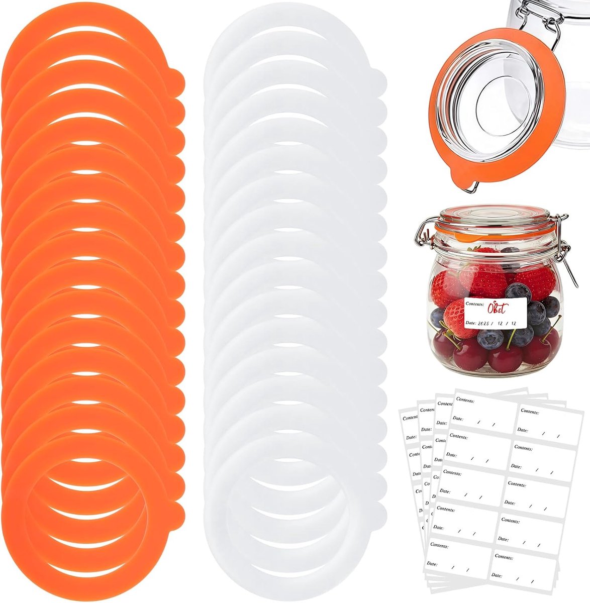 32 stuks weckrubbers, siliconen, rubberen ringen voor inmaakpotten met 4 stickers, inmaakringen, afdichtringen, glazen afdichtingen, vervangende weckrubberen ringen, lekvrij, inmaakrubbers voor glazen