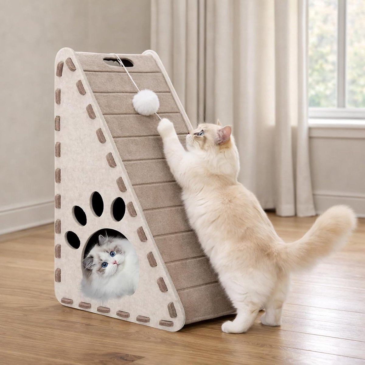 3-in-1 krabplank voor katten, krabkarton voor katten, krabplank, vilt, driehoekig, kattenhuis, kattenspelen, uitrusten, krabmat voor bank, muurbescherming, kattenaccessoires