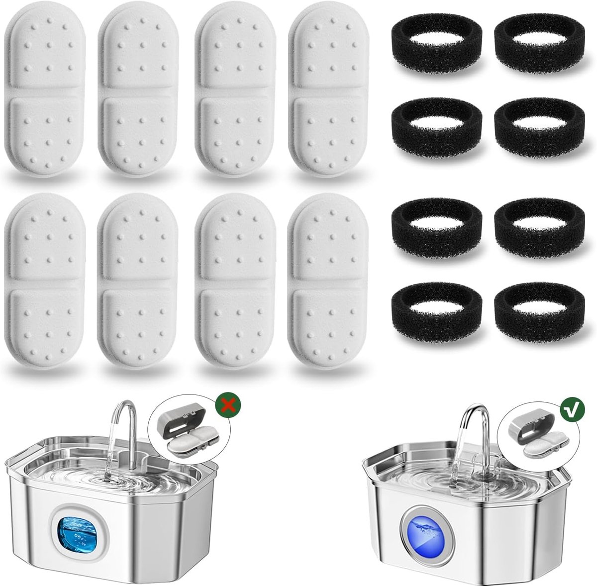 Kattenwaterfontein vervangfilters en sponzen, geschikt voor oude versie APFSS-3201 (8 filters + 8 sponzen), originele onderdelen