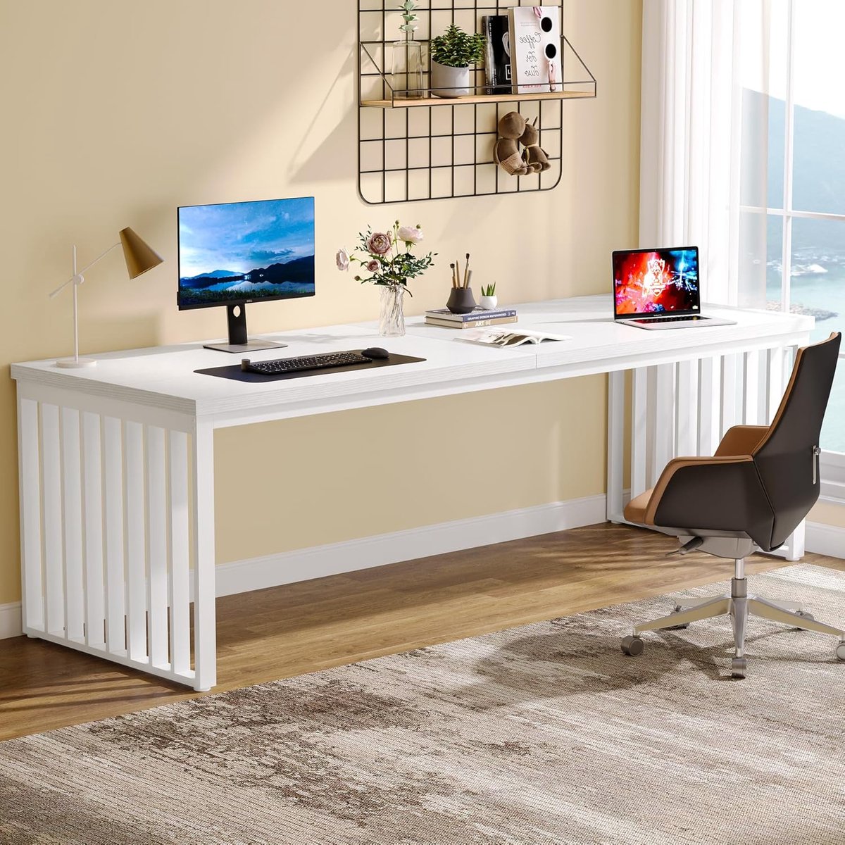 180 cm computerbureau, bureau met robuust metalen frame, werkstation studiebureau voor thuiskantoor, bruin (zonder stoel) (wit)