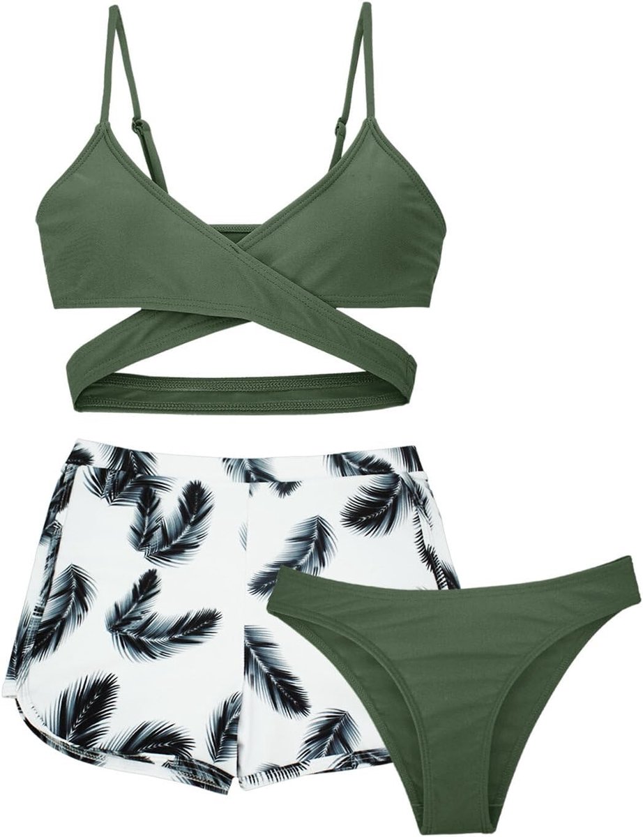 Meisjesbikini met broek voor kinderen, 3-delig, badmode, bloemenprint, gevoerde bikini, zomer, strand, zwemmen, voor 8-14 jaar