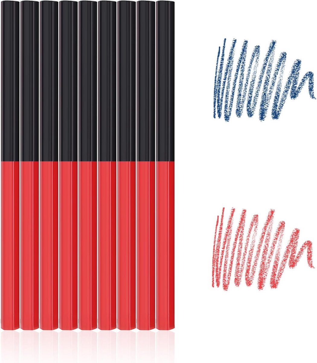 9 stuks timmerpotloden 6,9 inch platte zeskant-harde potlood, rood blauw 2-aderige houtbewerking markeergereedschap, markeerpen voor hout keramische tegels metaal glas lederen markering