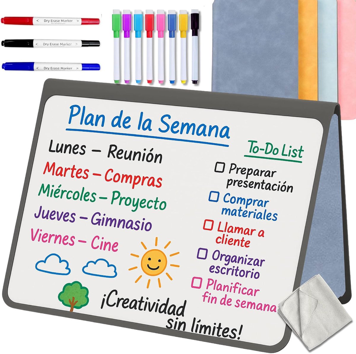 Klein wit bord, opvouwbaar, afwasbaar en draagbaar, magnetisch bord, 2 x A5 + 11 markeerstiften + gum, whiteboard-notitieboek, kinderen, kantoor, studie, grijs.