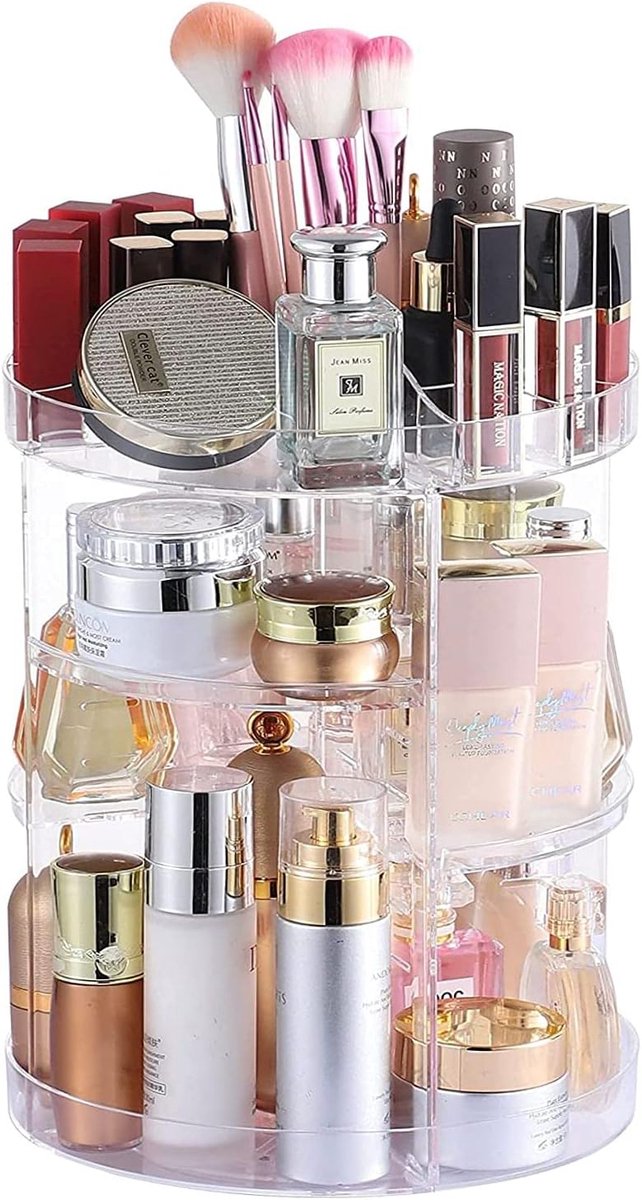acrylic 360 graden roterende make-up organizer voor badkamer, 4 niveaus verstelbare draaiende cosmetische opbergkoffers en make-up houder vitrines, helder