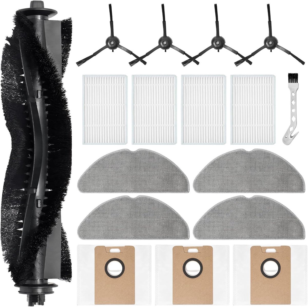 Accessoire-vervanging voor Tapo RV20 Max Plus/Tapo RV20 Max/Tapo RV30 Max Plus/Tapo RV30 Max stofzuiger, reserveonderdeel, 1 hoofdborstel, 4 reinigingsdoeken, 3 stofzakken, 4 zijborstels, 4