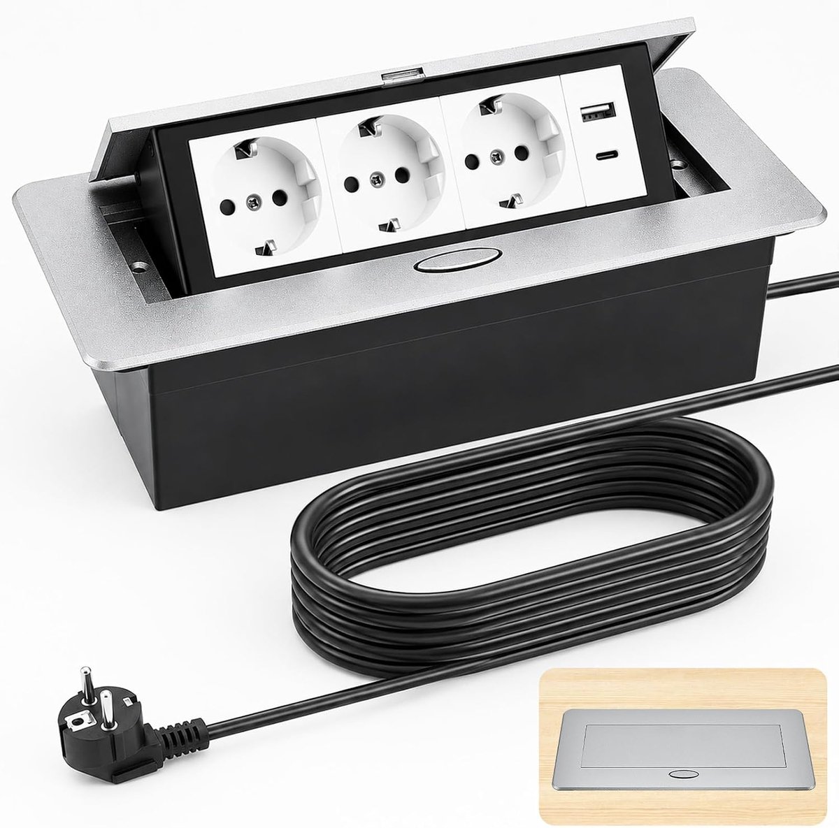 Stopcontact, zilver, tafelblad, inbouwstopcontact met USB, aluminium tafelstopcontact, 3-voudige inbouwstekkerdoos, stopcontacten voor keuken, bureau en kantoor, 1,8 m kabel