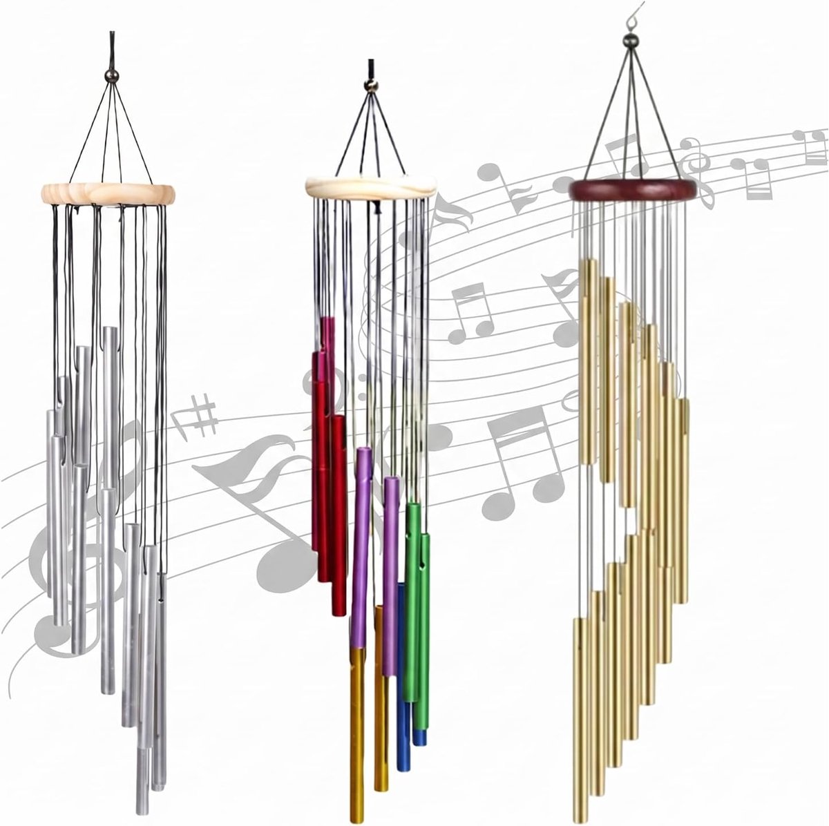 Set van 3 windgong voor buiten, 12 buizen, metalen windspel met S-haken, chimes klankspel voor tuin, terras, achtertuin en woondecoratie, geschenken, outdoor, indoor, 60 cm