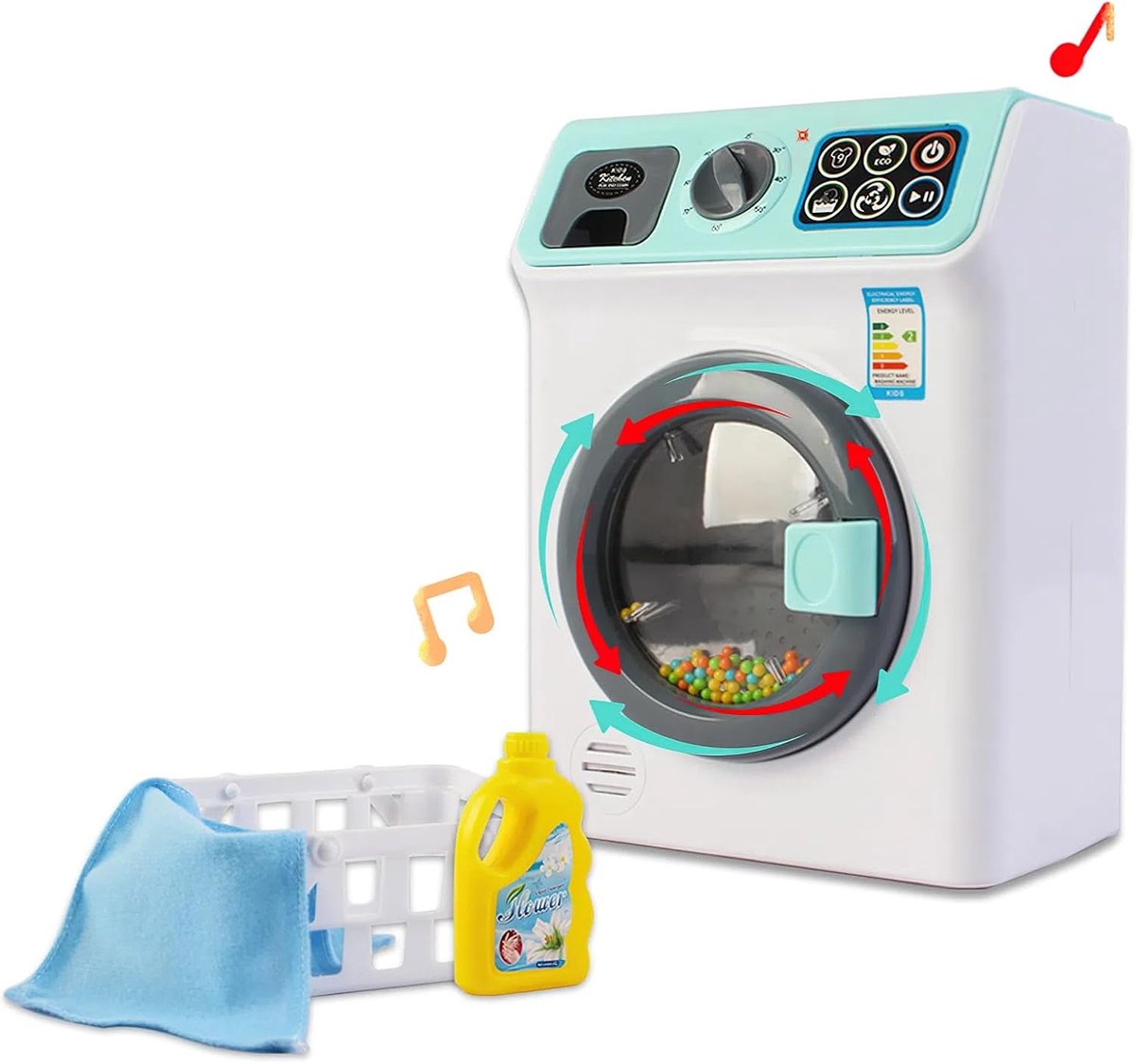 DeAO Wasset met "mijn eerste wasmachine" voor kinderen, inclusief een groot aantal was- en reinigingsaccessoires | Mijn eerste wasmachine met originele geluiden, wasmand en reinigingsaccessoires, rollenspelset voor kinderen vanaf 3 jaar