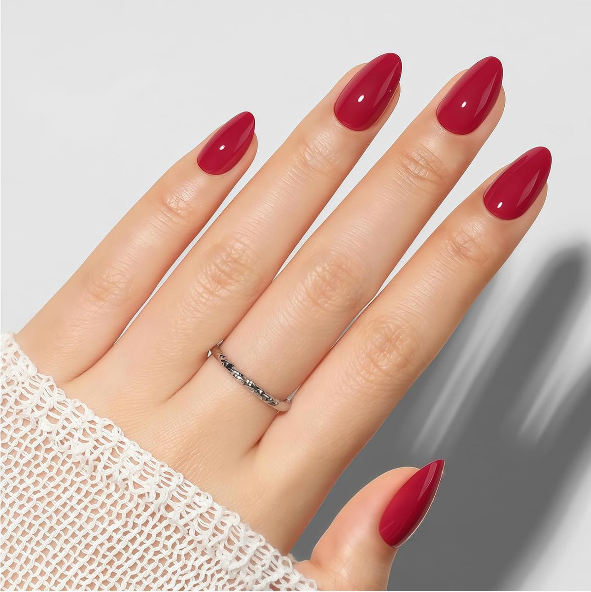 24stuks Rode Press On Nagels Amandelvorm: Zachte Gel Kunstnagels met Nagellijm voor Herfst Winter, 16 Maten Herbruikbare Korte Kunstnagel Set