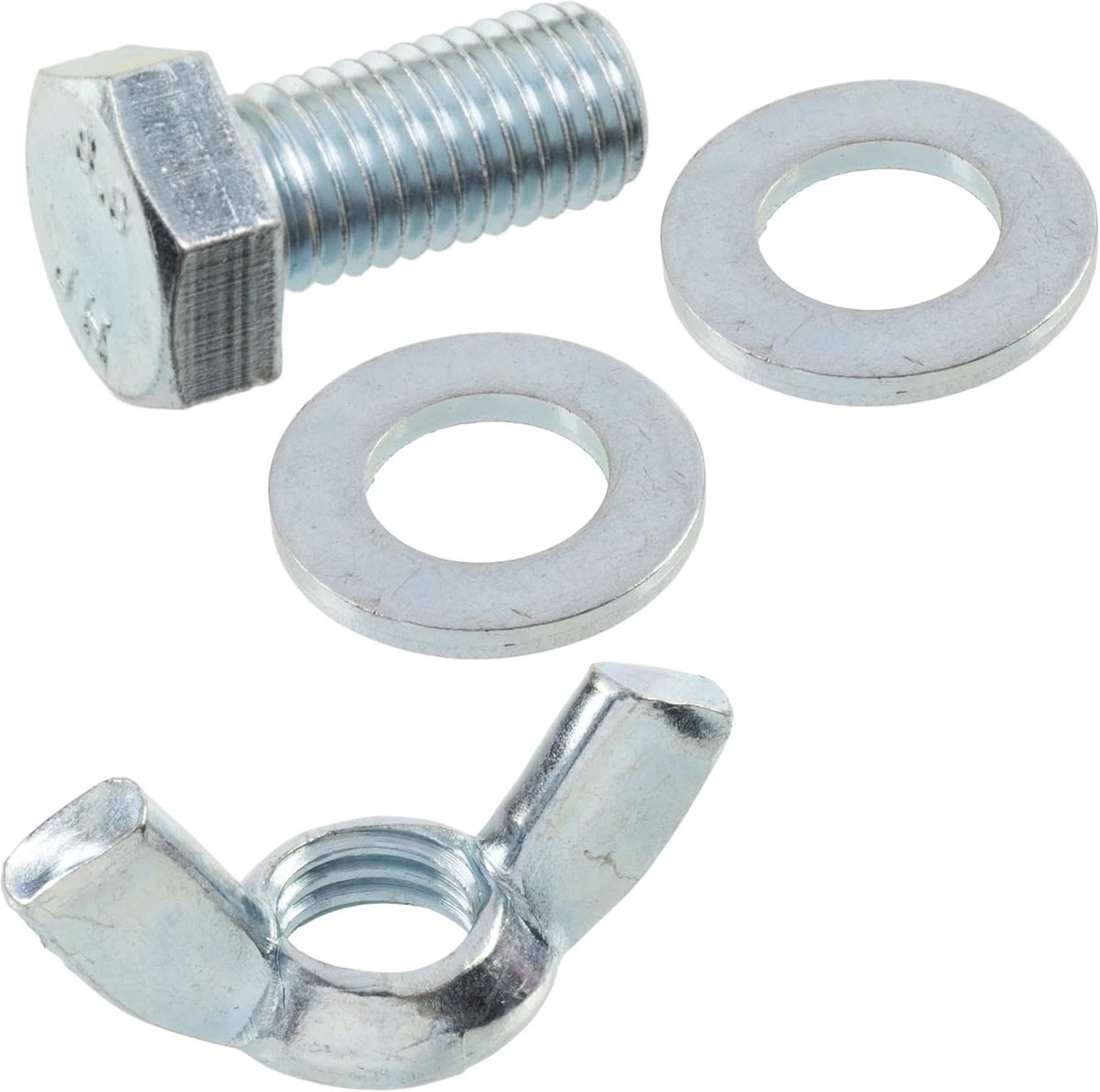 Vleugelmoeren M12 + 20 platte ringen + 10 zeskantbouten M12x25 mm | van staal