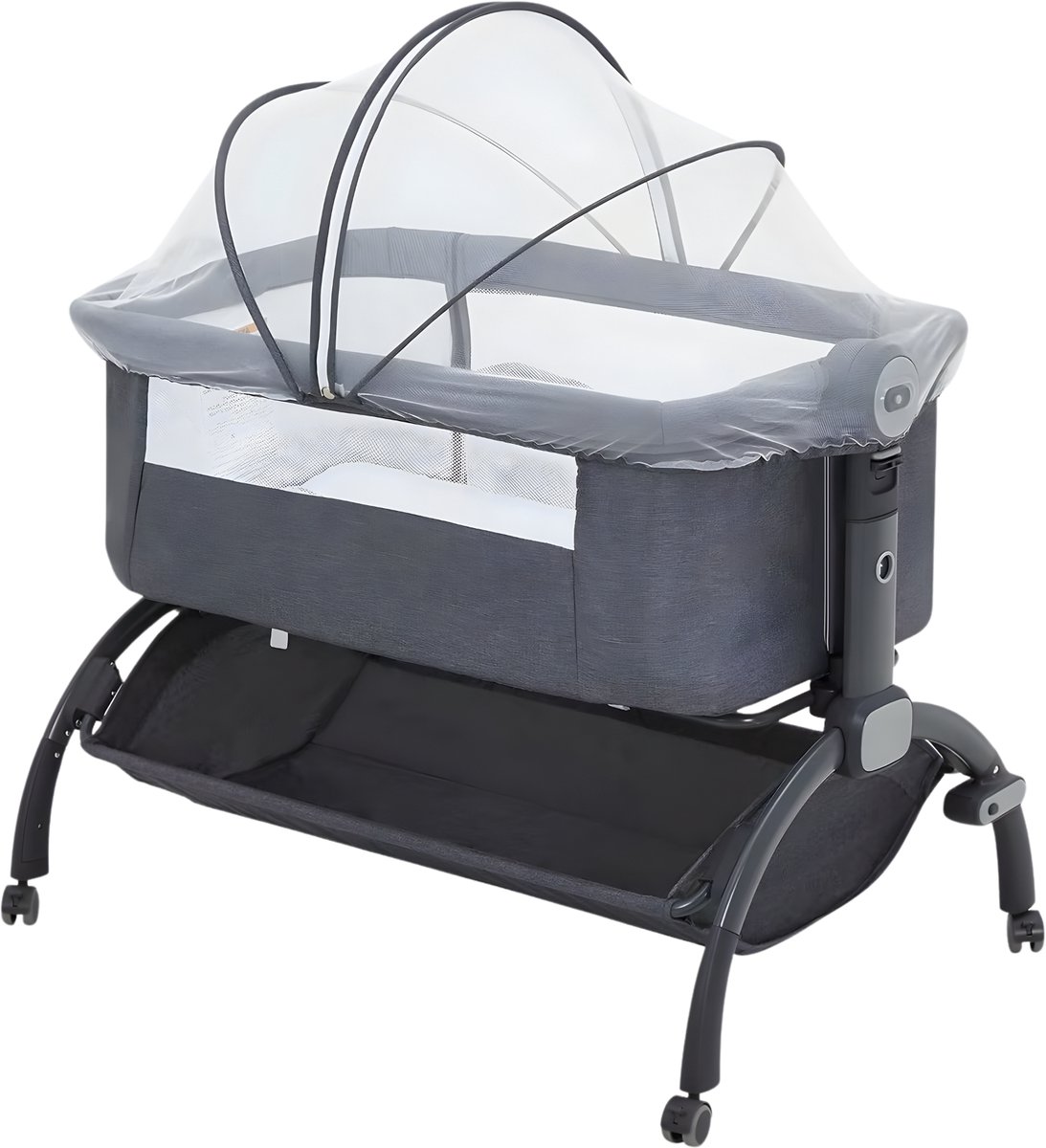 Nachtkastje babywieg - Voor pasgeborenen - 3-in-1 co-sleeper & reiswieg - Met afneembaar klamboe - Grijs