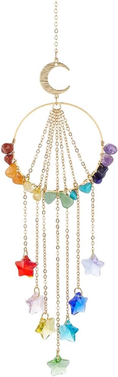 Kristallen Maan Opknoping Suncatcher 7 Chakra Natuurlijke Stenen Zon Catcher Glas Ster Kwastje Hanger Ornamenten Regenboog Maker Voor Outdoor Raam Kamer Auto Thuis Party Tuin