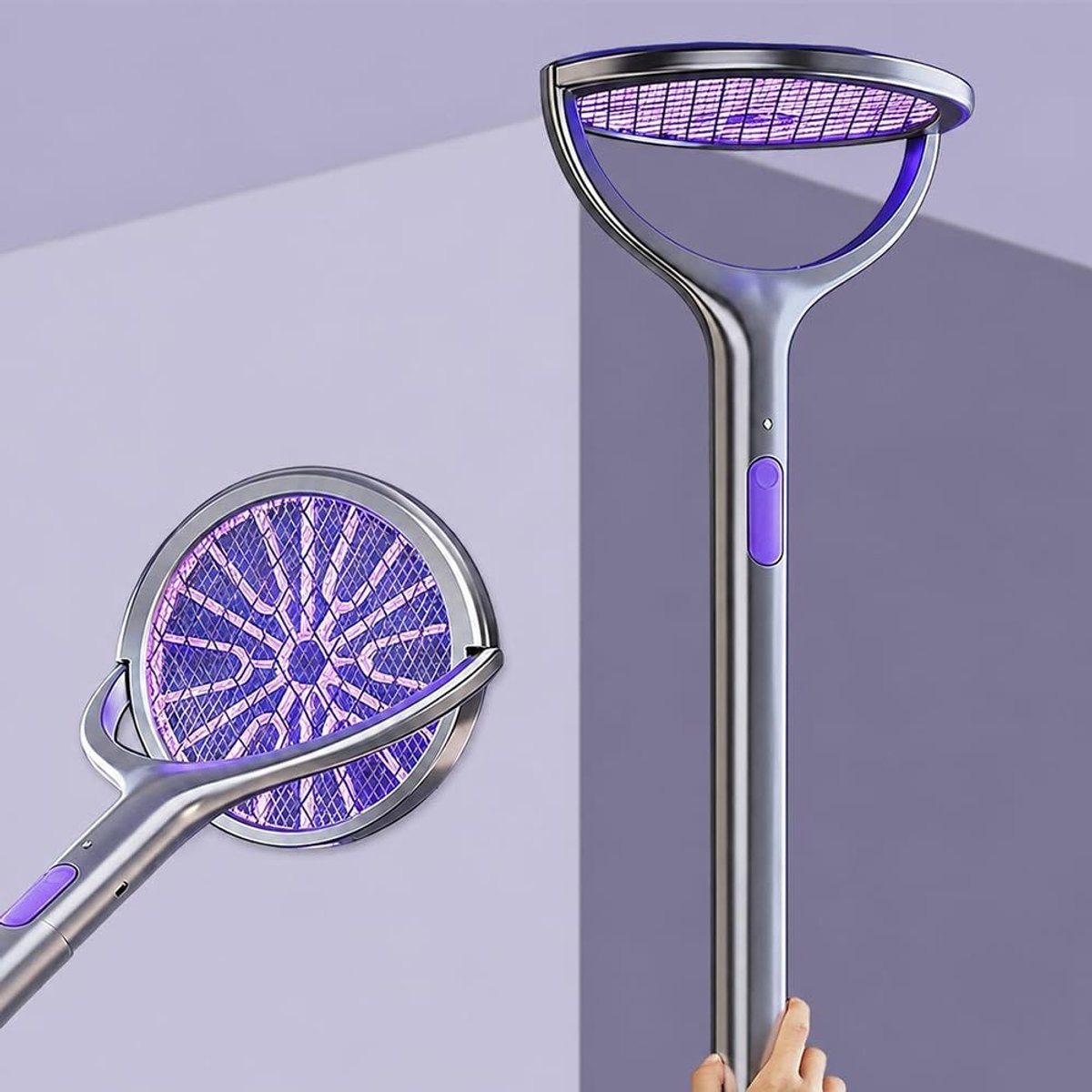 Insectenracket, roterende kop, elektrische muggenracket met telescopische verlenging en basis, elektrisch vliegenracket, oplaadbaar, UV, voor binnen- en buitengebruik