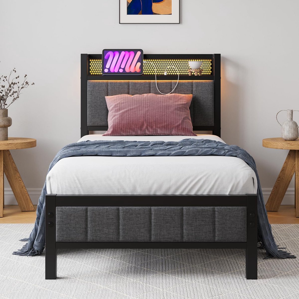 Bedframe met led, laadstation, eenpersoonsbed, logeerbed, metalen bed, gestoffeerd bed, 90 x 200 cm, bedframe van metaal, jeugdbed met lattenbodem, hoofdeinde in grijs, voor slaapkamer en