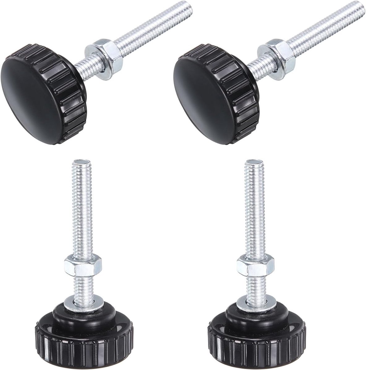 Set van 4 gekartelde knoppen, duimschroeven met moeren, sluitringen, M6 x 50 mm schroefdraad, 30 mm, kunststof kop, verzinkt koolstofstaal, klemschroeven, handgrepen, zwart