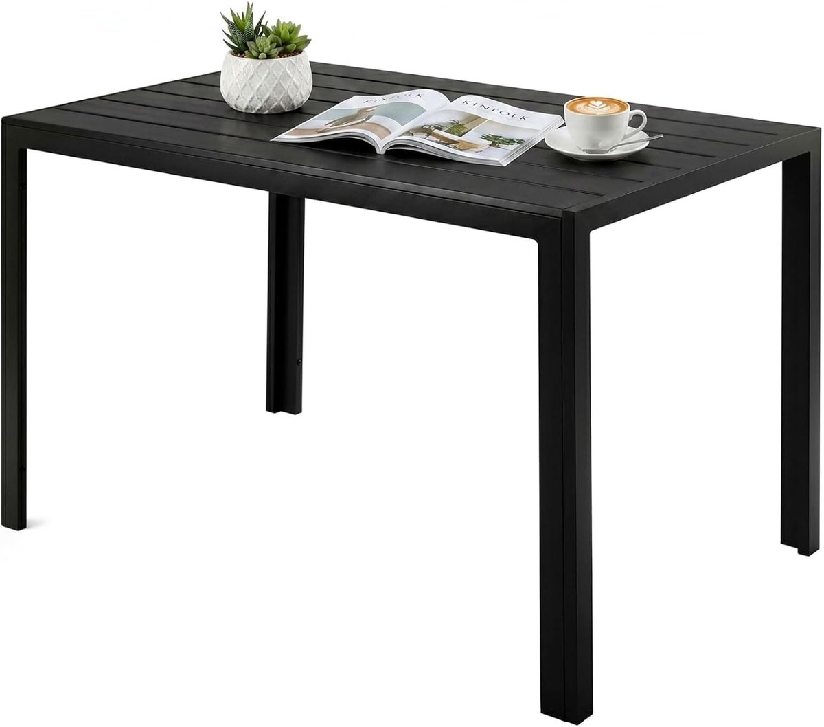 Tuintafel van Aluminium en WPC, 110x70 cm, rechthoekig, Weerbestendig,Balkontafel, Tuinbijzettafel, Tuintafeltje, Terrastafel, koffietafel, bistrotafel, Eettafel voor Buiten, Zwart