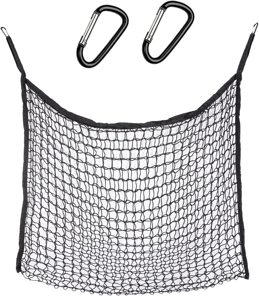 Hooinet voor paarden ca. 15 kg hooi, hooizak voor paarden groot 90 × 120 cm, 4,5 cm hooinet fijnmazig - paardenhooinet hooizak paard met 2 stabiele karabijnhaken, slow feeder