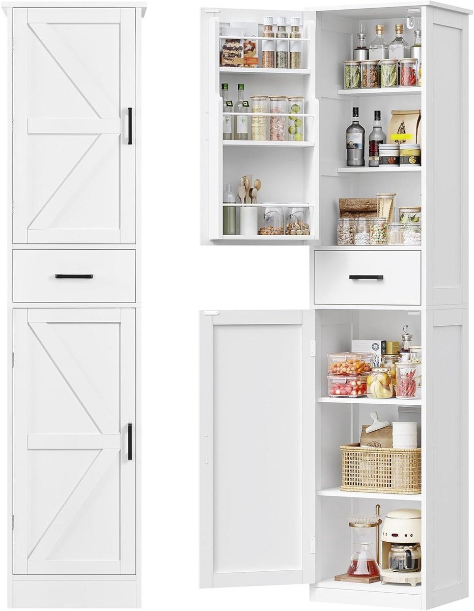 Hoge smalle keukenkast - Voorraadkast buffetkast - Ruimte Besparen - Verstelbare planken deurvak - 30x60x147cm - Wit