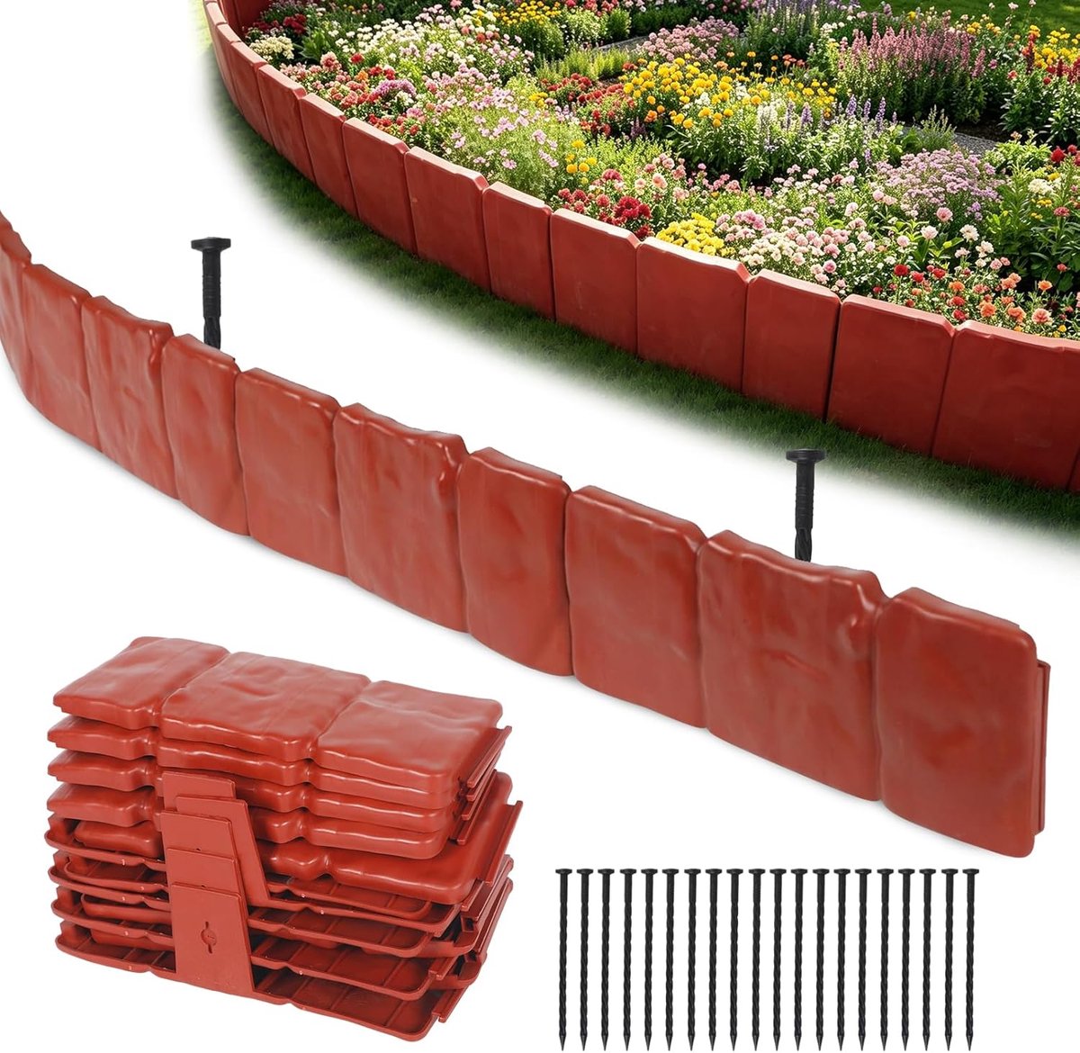 Kunststof, 5 m, bloembedomranding, bloembedomranding, maairand, tuinhek, flexibele gazonranden met 20 spijkers, verdikte kleine omheining - H 10 cm (rood)