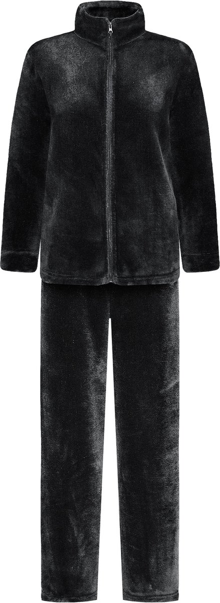 Dames Fleece Huispak met Rits - Loungewear - Superzacht en Warm Coral Fleece - Zwart - 2332-Black - Maat L
