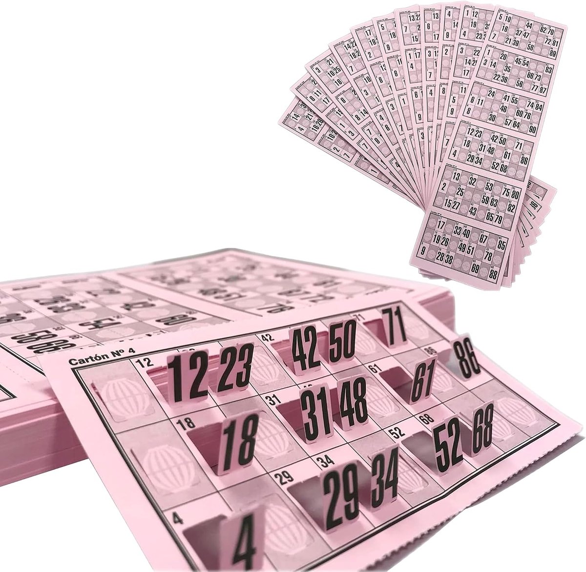 Bingo-kaarten, 90 bingo-kaarten, genummerde serie, traditioneel spel voor evenementen en verenigingen, complete set, speelklaar (roze)