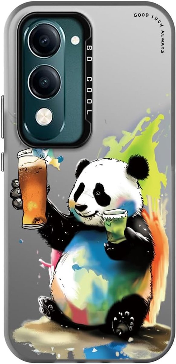 Hoesje voor Vivo Y29s 5G / Vivo Y04 4G, Slanke Anti-schokbeschermende Telefoonhoes met Dierlijke Bloem Doodle Tekening Kunstmodel, Panda, Zwart