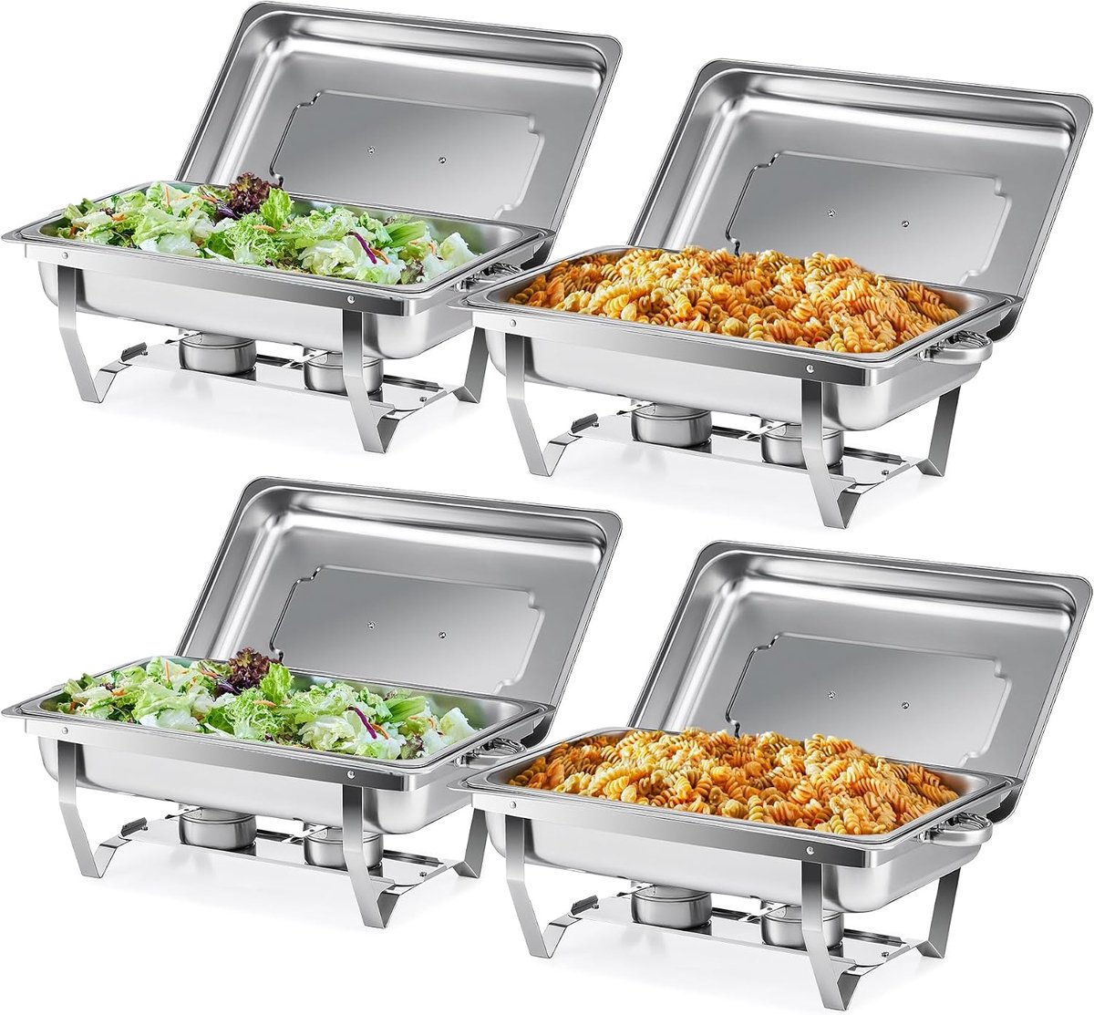 Chafing dish set GN 1/1, Warmhoudcontainer inhoud 9 liter van roestvrij staal, Voedselverwarmer met brandpasta houders, Rechthoekige buffet warmer set voor all-you-can-eat buffet catering feest (4 stuks)