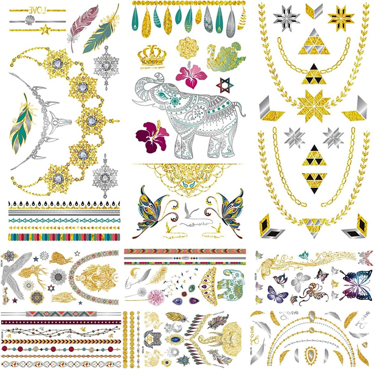 Bronzing Tattoo Sticker, 9 Vellen Metallic Nep Tijdelijke Tatoeages voor Vrouwen Meisjes, Waterdichte Lichaamsstickers Gemakkelijk te Verwijderen voor de Huid, Body Art Sticker Feestartikelen Decoraties Verjaardagsbenodigdheden