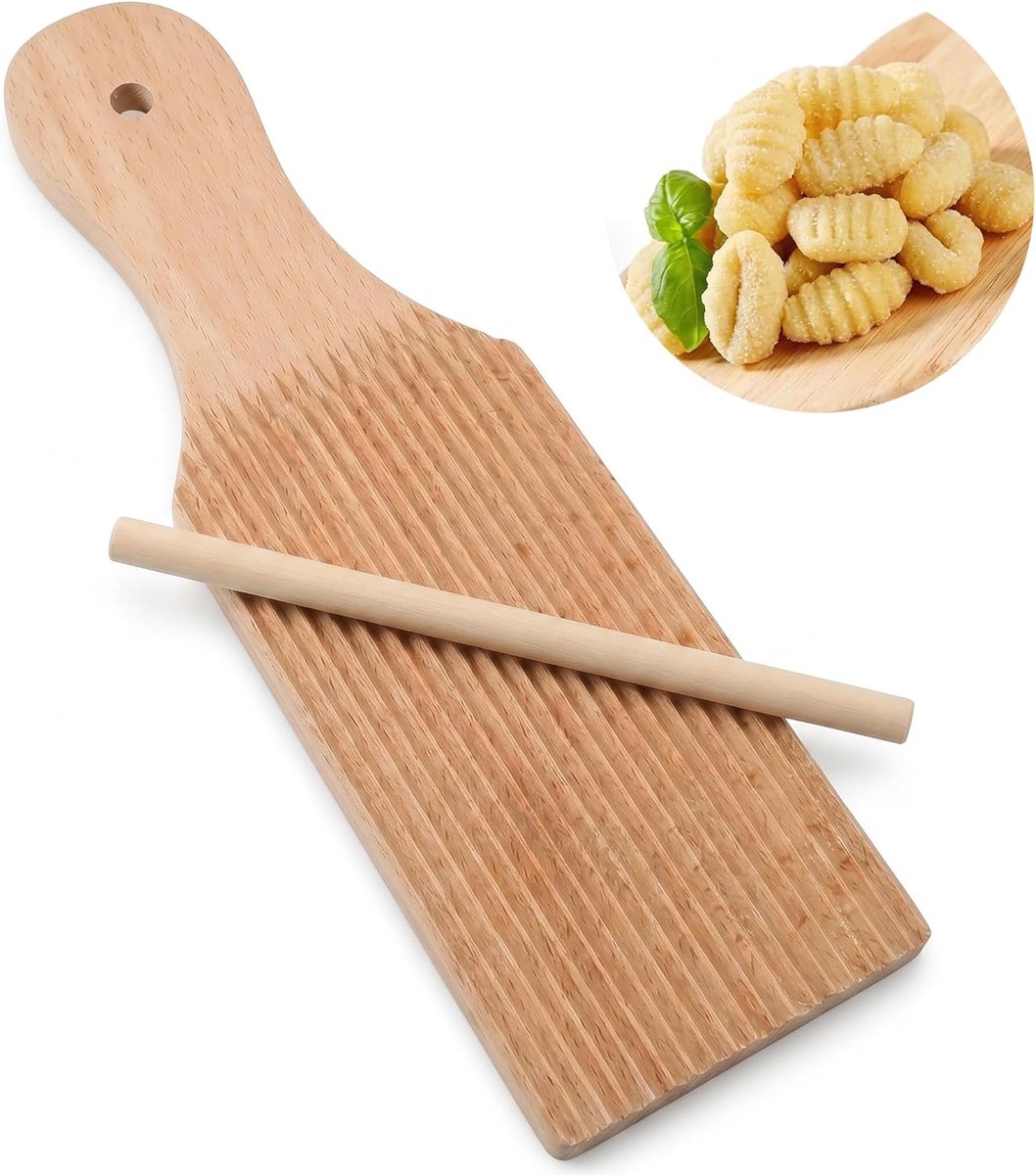 Gnocchi Board en Garganelli Stripper Set – Echte natuurlijke houten pasta-maker met diepe groeven en walspinnen – Handgemaakte Italiaanse nudelgereedschap voor zelfkoken thuis en cadeau
