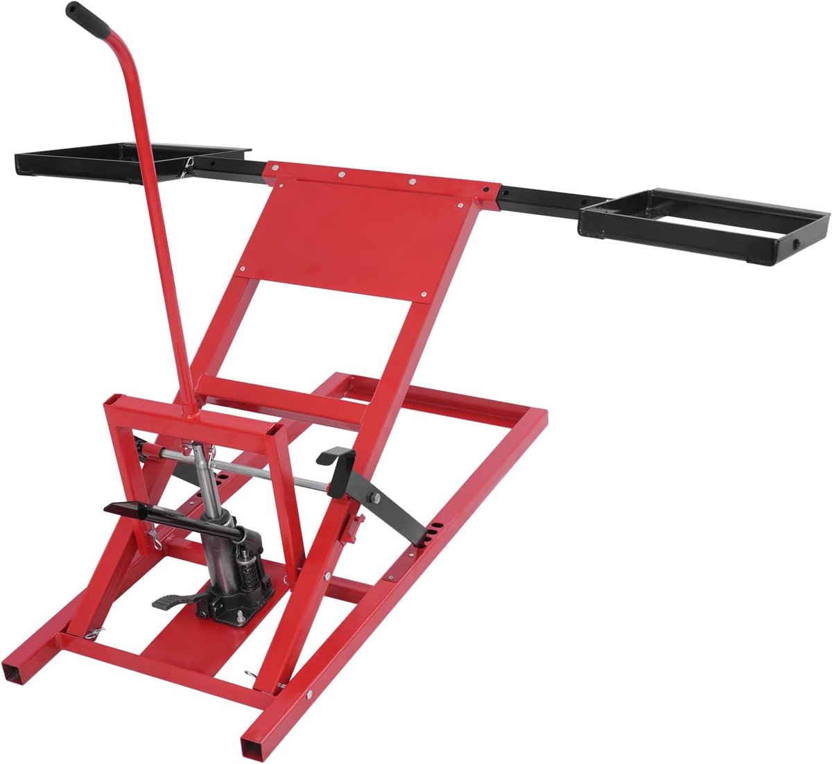 Hefbrug voor grasmaaier, 226 kg draagkracht, 44,5-61 cm hefhoogte, 58-122 cm wielbasis, hydraulisch model (rood)