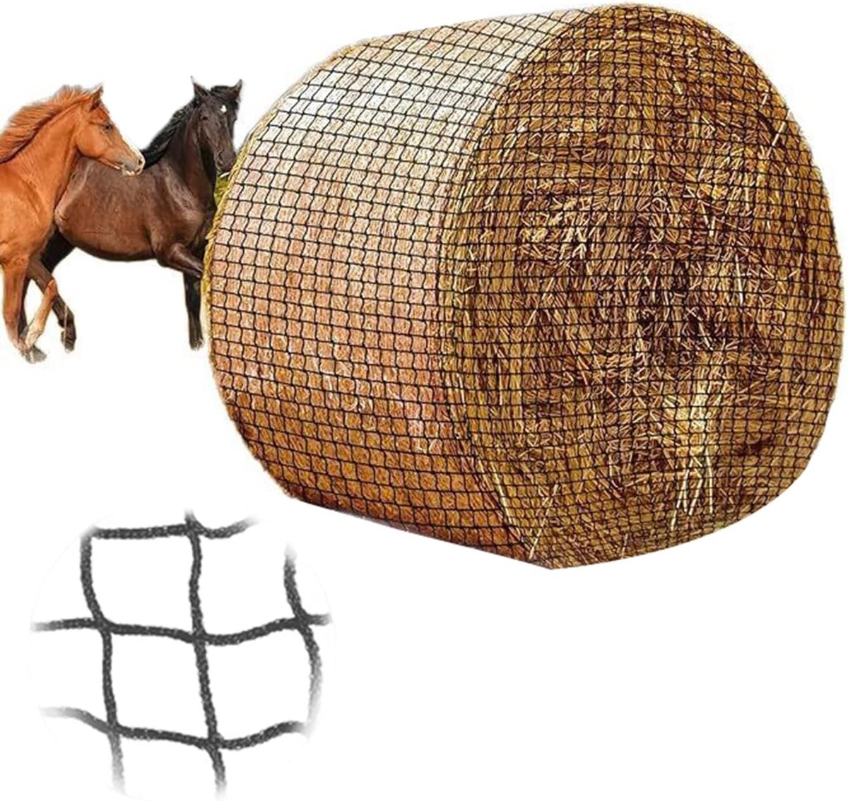 Hooinet voor paarden, 4 x 4 voet hooinet, ronde ballen, slijtvast hooinet voor paarden, ronde ballen, maaswijdte 4 x 4 cm voor paarden, verlenging van de voedertijd (120 x 120 cm)