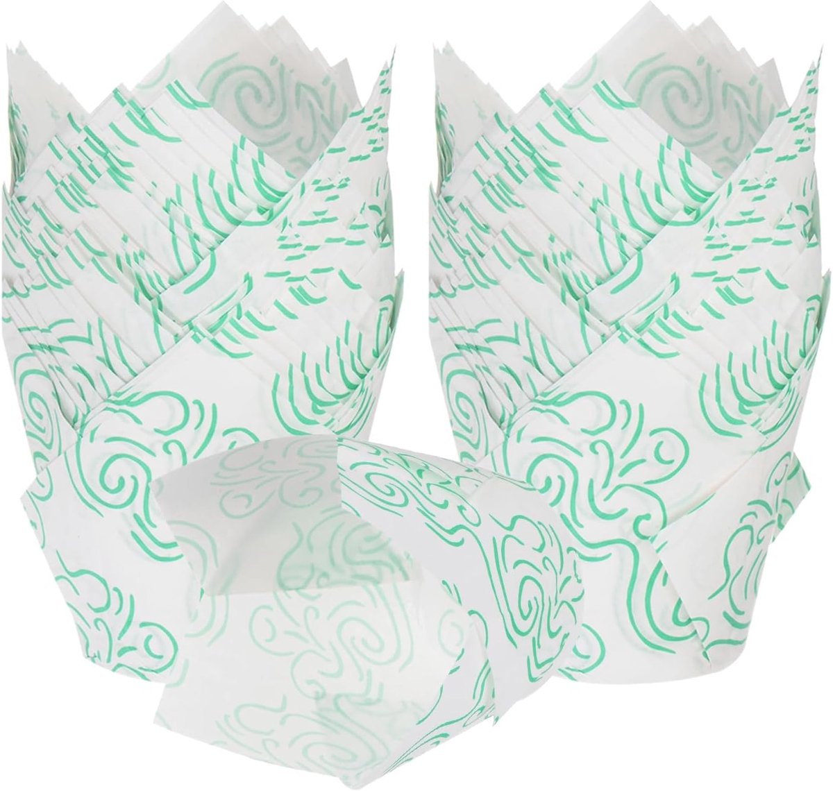50 stuks muffinvormpjes voor pannenkoeken in tulpenvorm van anti-aanbakpapier voor bruiloft, verjaardag, feest, festival, Kerstmis, wit/groen