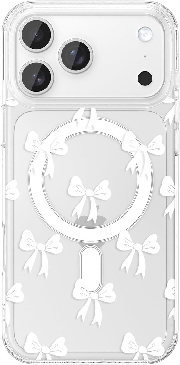 Magnetische transparante hoes voor iPhone 17 Pro Max (6,9"), witte strik | Compatibel met MagSafe, schattig strik- en strikpatroon, transparante telefoonhoes, zachte TPU stootvaste beschermhoes