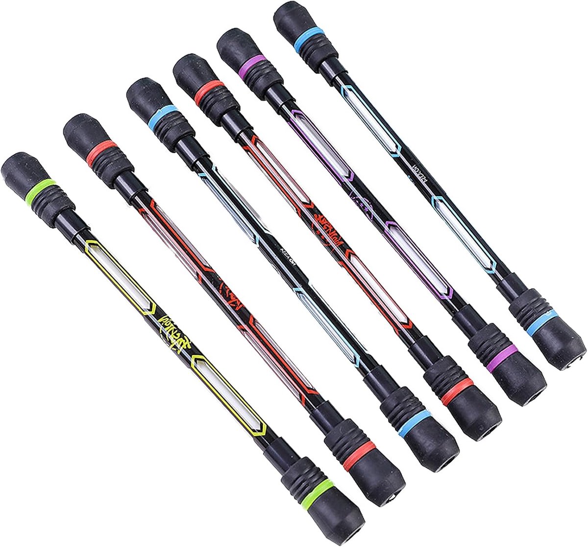 Gaming spinning-pen, 6 stokken, 19 cm, pen, spinningstick, draaipen, antislip, schrijfbare pen voor drukontlasting, studentenentertainment, kantoorbenodigdheden (0,5 mm)