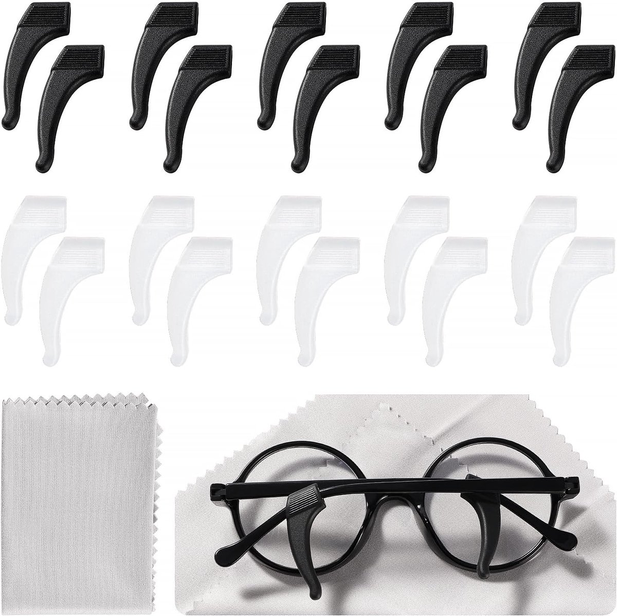 10 Paar 37x10 mm Bril Oorgrepen, Siliconen Bril Tempel Houders, Antislip Oorhaak Grip, Bril Grips Achter Oren, met Bril Doek, voor Bril, Ieesbrillen Bril, Wit/Zwart