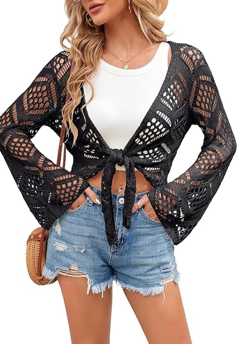 Dames zomer gebreide jas V-hals boho tops oversized lange mouwen gebreide trui sexy gehaakt cardigan strand bikini cover up