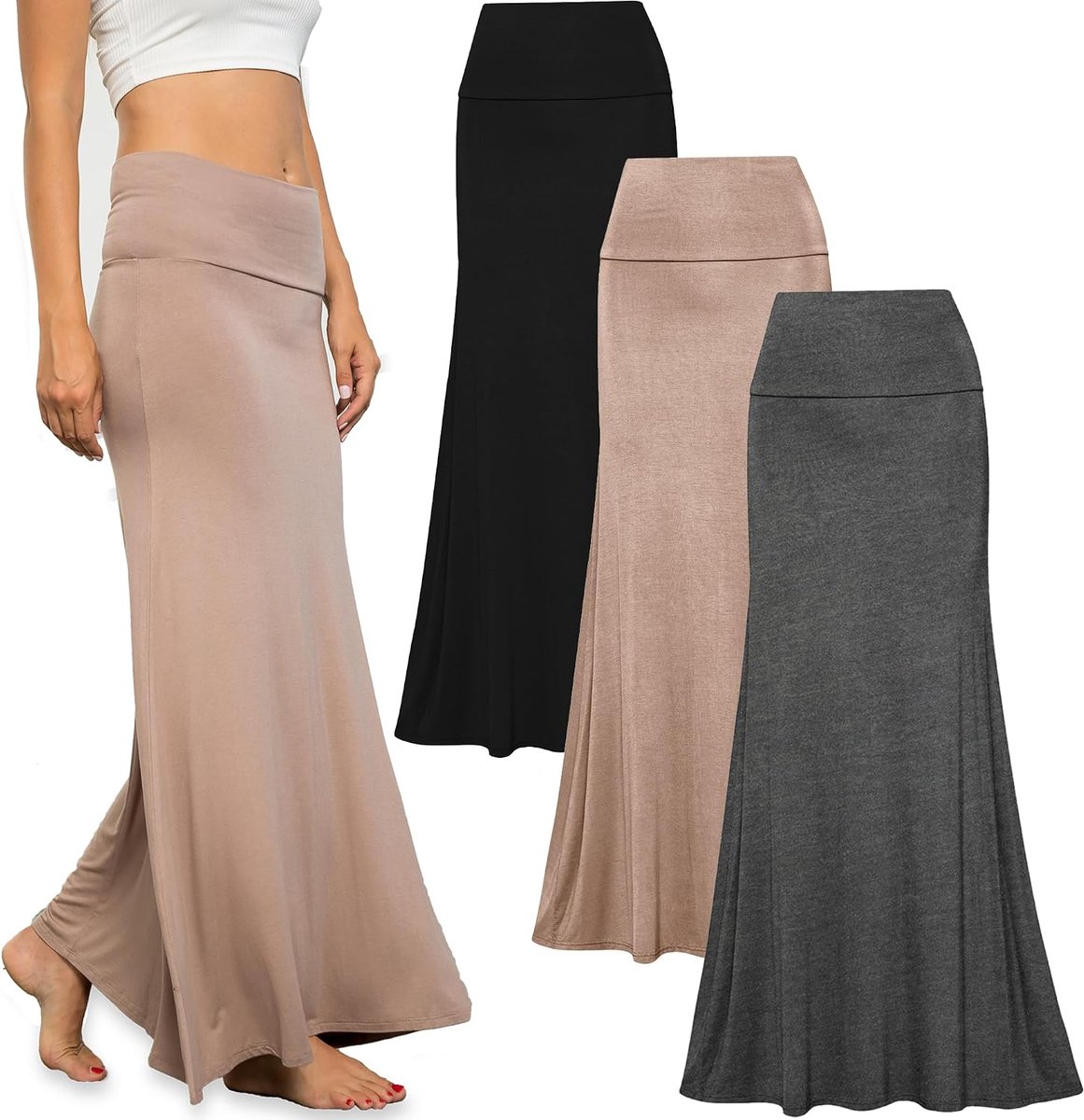 To Live 3 Pack Long Skirts for Women Fall Winter Flowy Maxi Skirt High Waist Fold Over (XXL, Black, Charcoal, Mocha)
