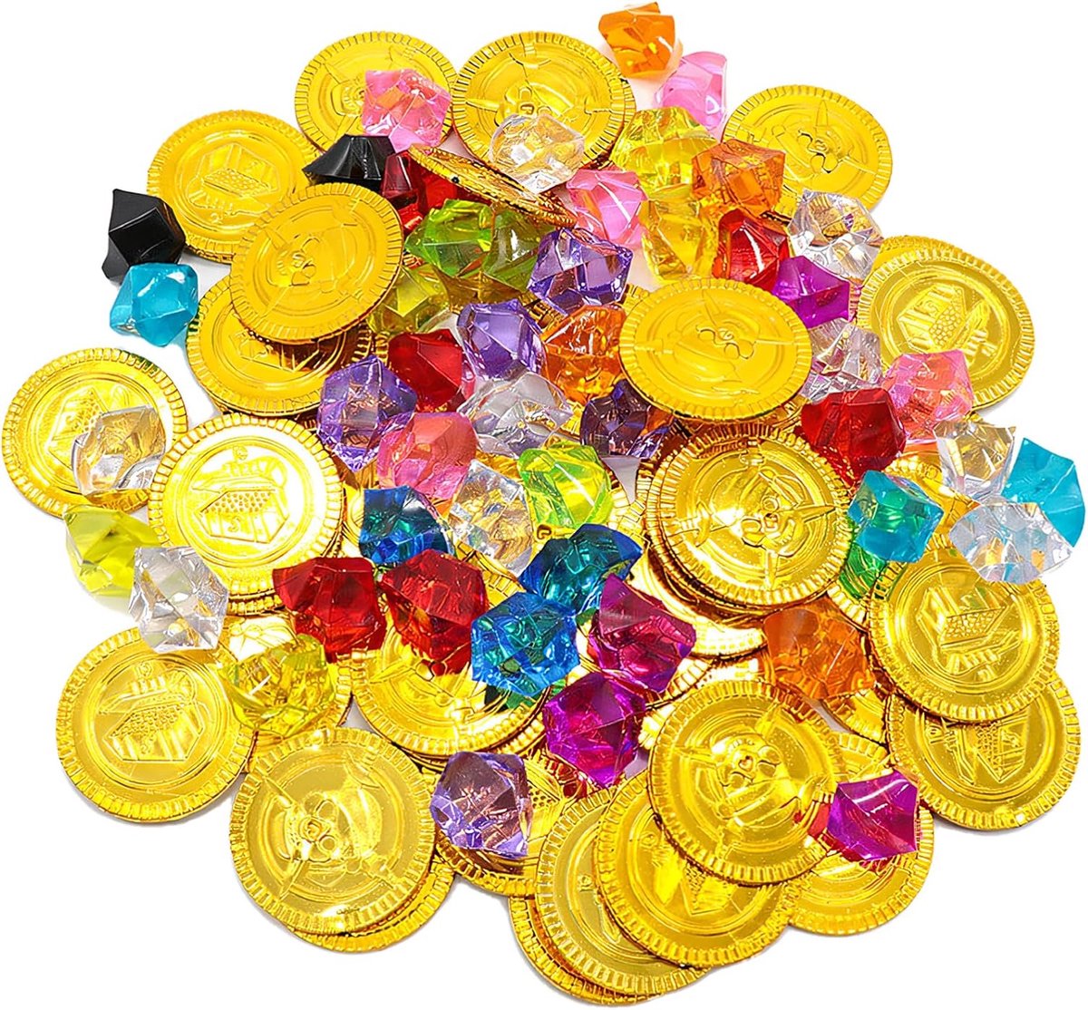 100 stuks gouden munten piratenschat set (50 gouden thalers voor kinderen en 50 piraten edelstenen), piratenschat voor kinderen, piratenfeest, cadeautje, schattenjacht kinderverjaardag
