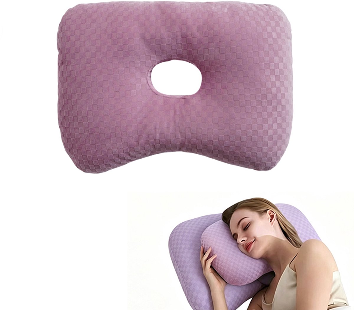 Oorpiercingkussen - Orthopedisch oorkussen met piercing - Zijslaapkussen - Oorbeschermingskussen - Oorsteunkussen - 44*32*10 cm - Geschikt voor het verlichten van oorpijn, slapen, rusten, enz. - Paars