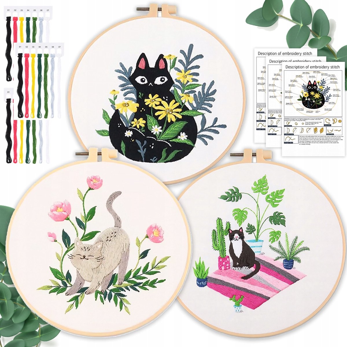 DIY-borduurpakket: katten en bloemen, 3x 30x30cm canvas, inclusief borduurring