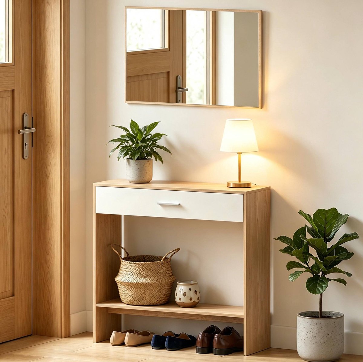 Sidetafel Met Spiegel - Entree Organizer Met Lade En Open Schap - Modern Voor Hal En Slaapkamer - Spaanplaat - Naturel En Wit - 91,5x27,9x85,5 Cm