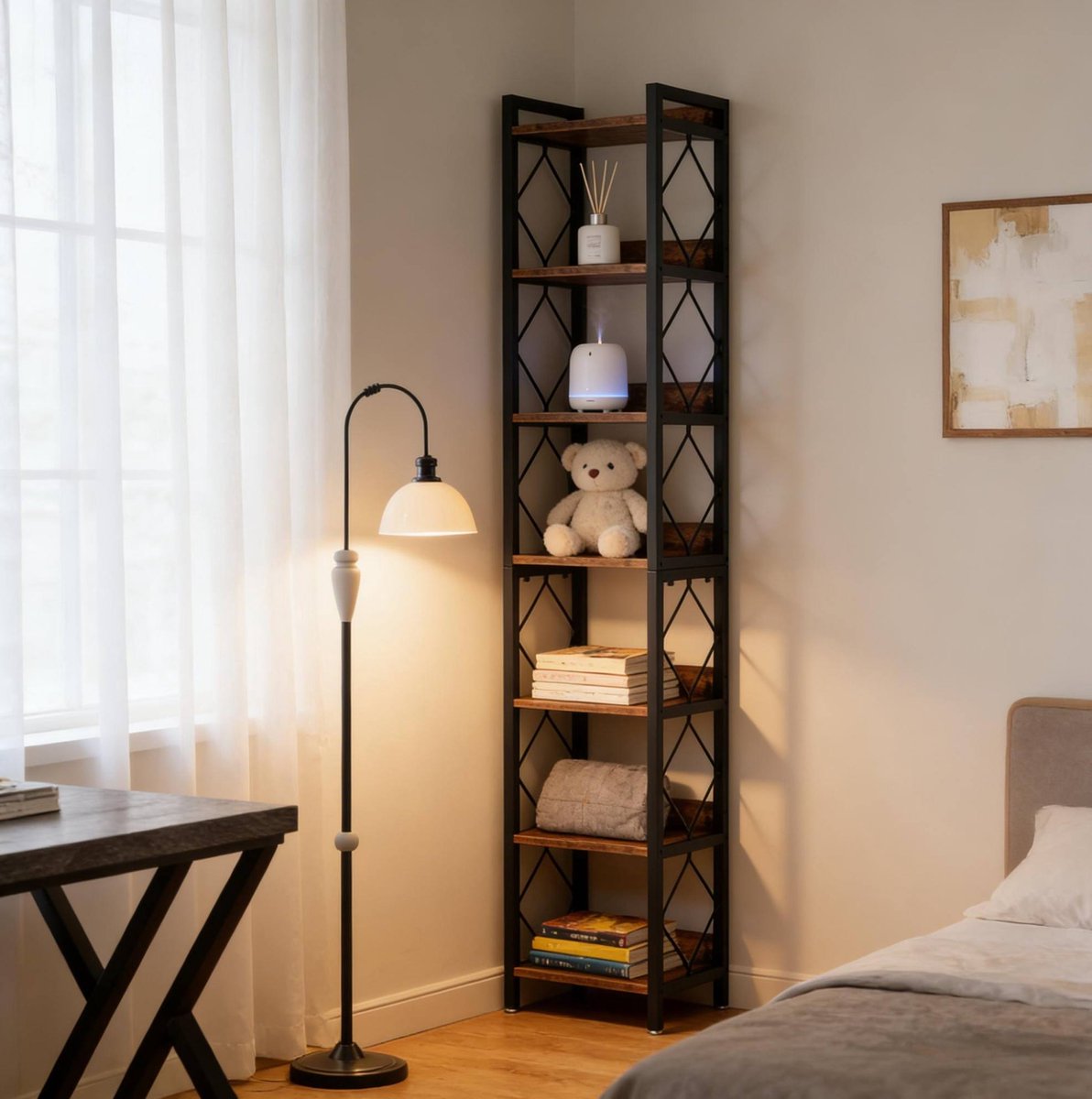 Boekenkast Smal – 34 x 34 x 200 Cm – Metaal En Spaanplaat – Zwart En Rustiek Bruin – 7 Open Planken Voor Woonkamer Of Kantoor